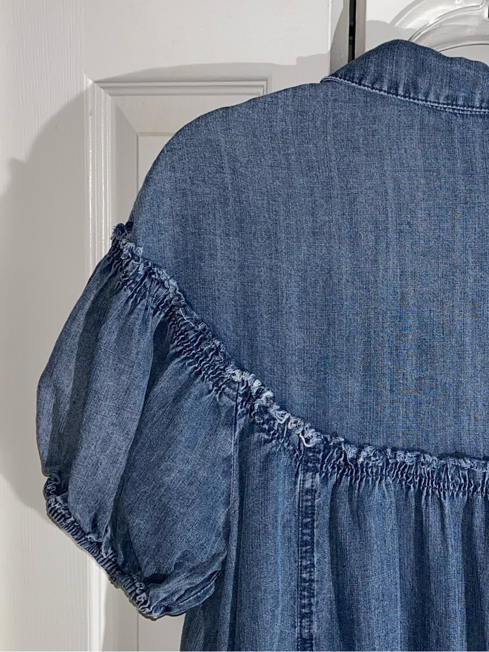 Easel Blue Denim Summer Boho Midi Dress Button M Puff Sleeve AA20 - Picture 8 of 10